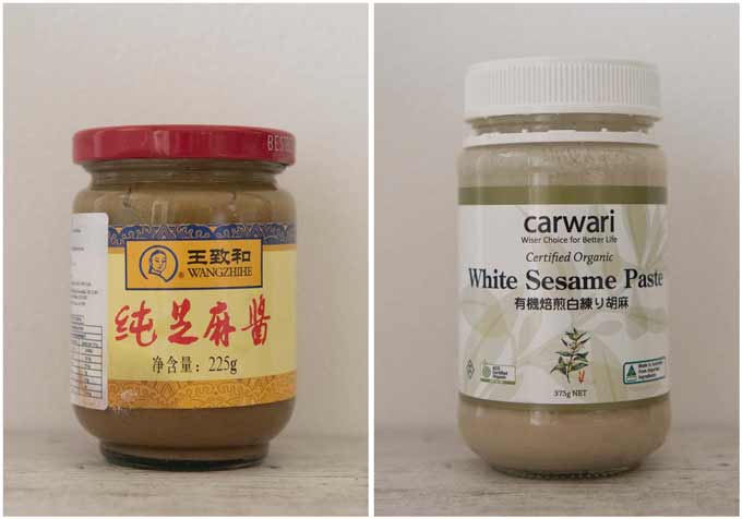Two different types of sesame paste in a jar.
