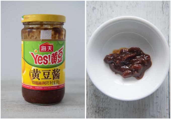 A jar of sweet soybean paste and paste in a bowl.