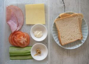 Ingredients for hamu sando (ham sandwich).