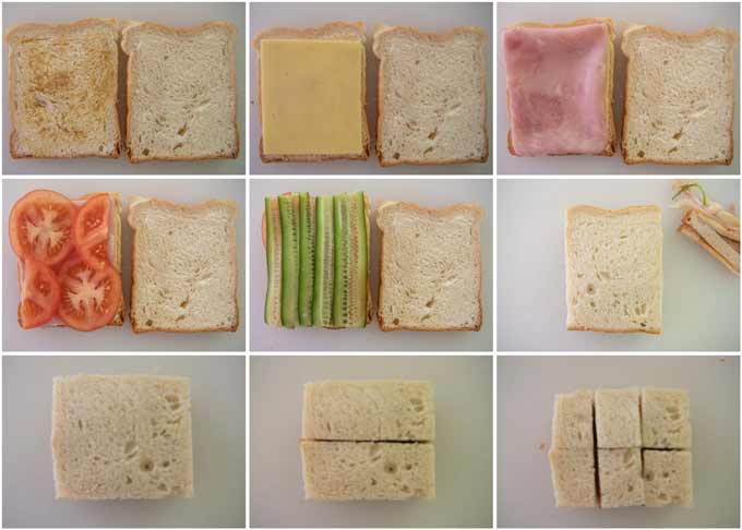 Step-by-step photo of making ham sandwich.