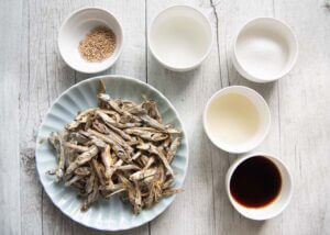 Ingredients for Tazukuri (Candied Baby Sardines).