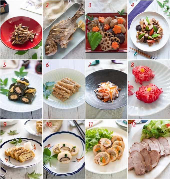 Possible dishes that can ben included in Osechi Ryōri (the New Year's feast) from my collections.