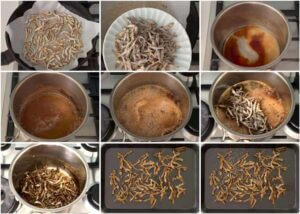 Step-by-step photo of making Tazukuri (Candied Baby Sardines).