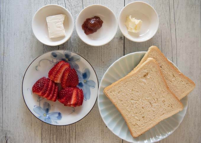 Ingredients for Ichigo Sando (Strawberry and Cream Sandwich).