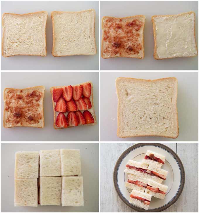 Step-by-step photo of making Ichigo Sando (Strawberry and Cream Sandwich).