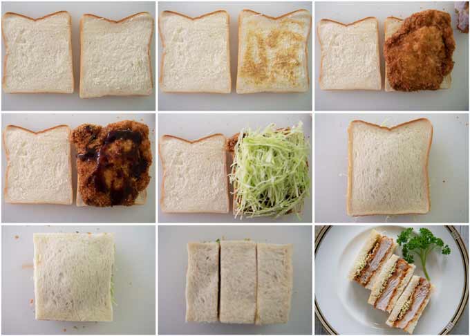 Step-by-step phot of making Katsu Sando (Pork Cutlet Sandwich).