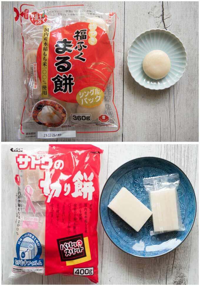 Round mochi (rice cake) and square mochi.