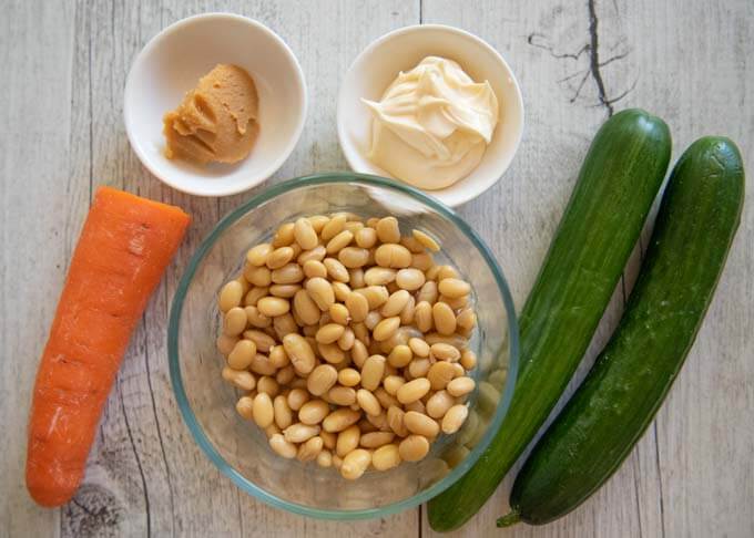 Ingredients for Soybean Salad with Carrot and Cucumber.