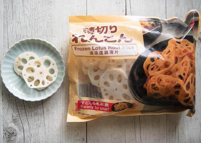 Frozen sliced lotus roots.