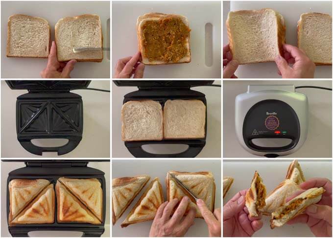 Step-by-step photo of making curry jaffles with the jaffle maker.
