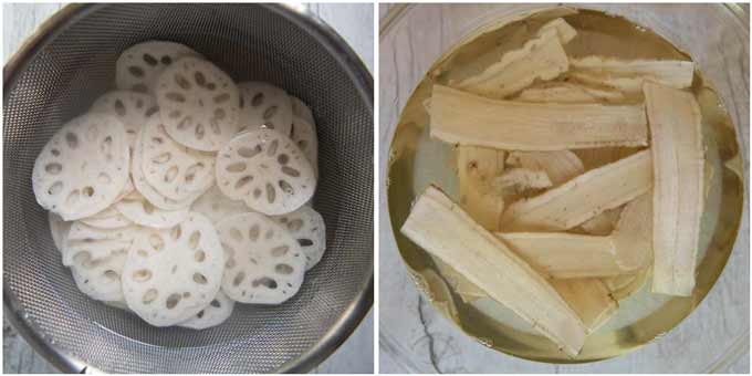 Comparing thinly sliced lotus root and burdock.