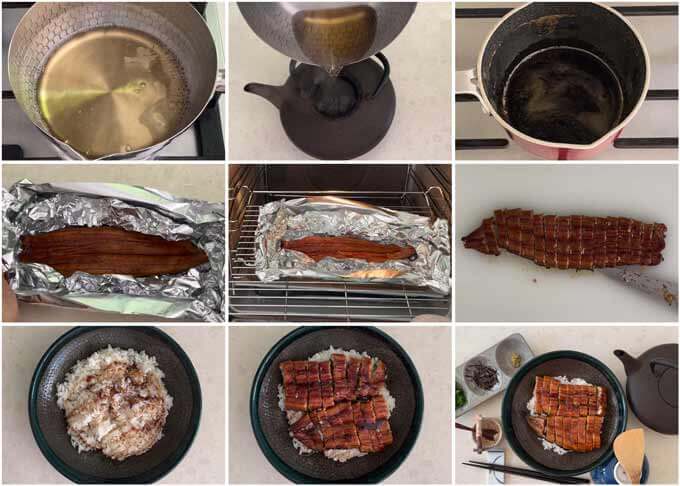 Step-by-step photo of how to make Hitsumabushi (Grilled Eel on Rice).