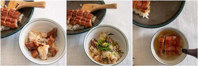Three ways of eating Hitsumabushi (Grilled Eel on Rice).