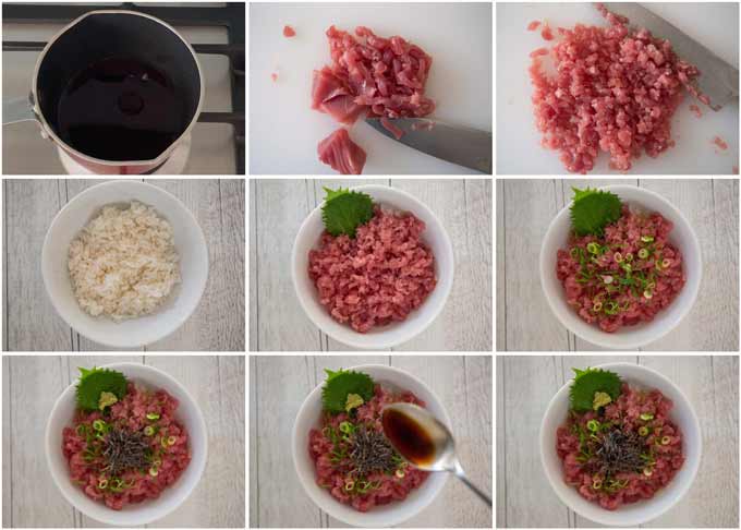 Step-by-step photo of Negitoro Don (Minced Raw Tuna on Rice). 