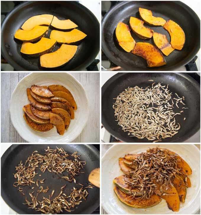 Step-by-step photo of making Sautéed Pumpkin with Crunchy Baby Anchovies. 