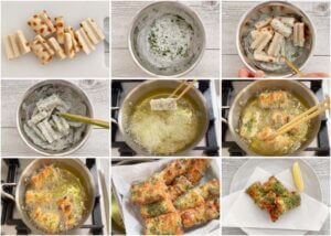 Step-by-step photo of making Chikuwa Fish Cake Tempura (Chikuwa Isobe-age).