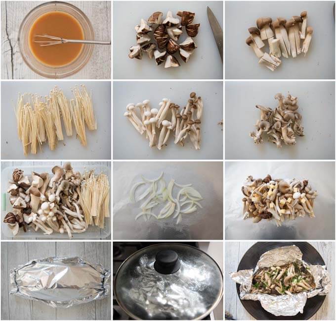 Step-by-step photo of making Miso Butter Asian Mushrooms in Foil.