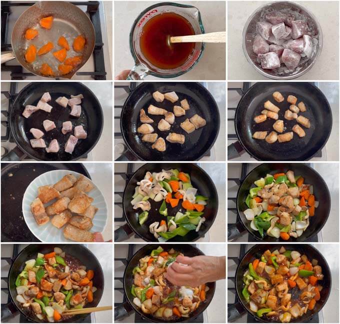 Step-by-step photo of making Sweet and Sour Fish and Vegetable Stir-fry.