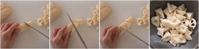 Showing how to cut lotus roots to make tetrahedral shapes.
