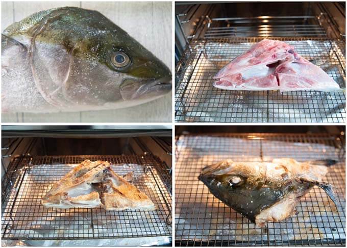 Step-by-step photo of grilling a kingfish head.