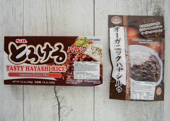 Two types of instant Hayashi rice roux packs.