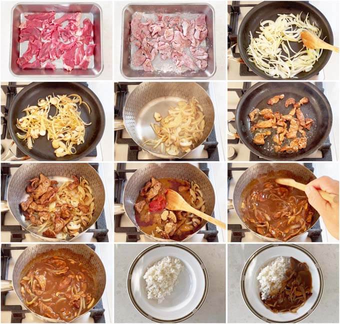 Step-by-step photo of making Hayashi Rice (Hashed Beef with Rice).