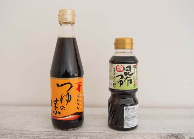 Two kinds of mentsuyu in bottle.
