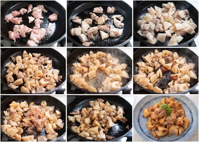 Step-by-step photo of making autéed Lotus Roots with Pickled Plum and Bonito Flakes.
