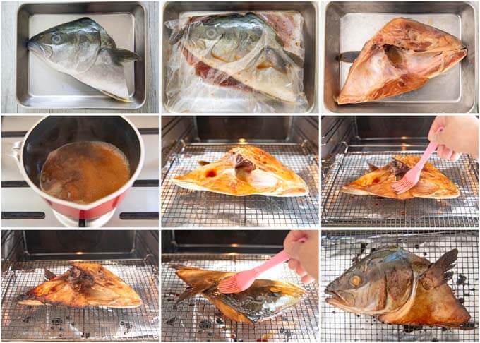 Step-by-step photo of making Baked Kingfish Head with Soy Glaze (Kingfish Tsukeyaki).
