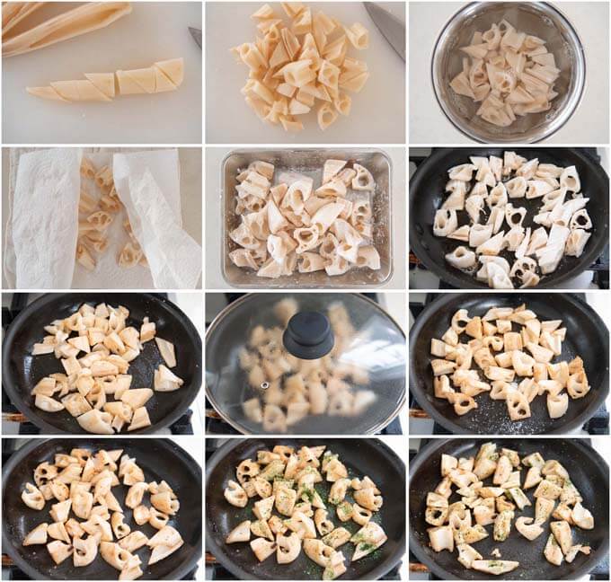 Step-by-step photo of making Crunchy Lotus Roots Sautéed min Dashi Butter.