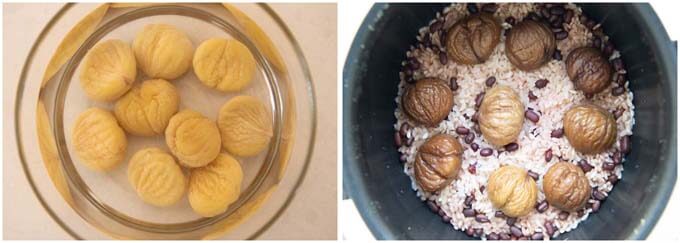 Peeled chestnuts using the method 2 - before cooking and after cooking with rice.