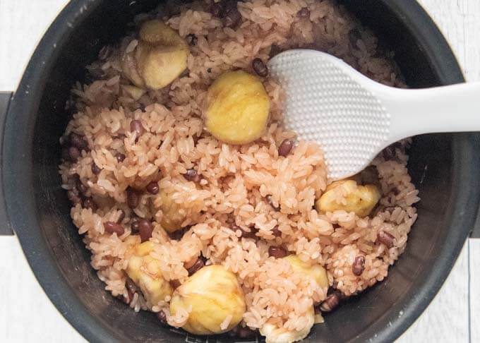 Red Bean Rice with Chestnuts in a rice cooker.