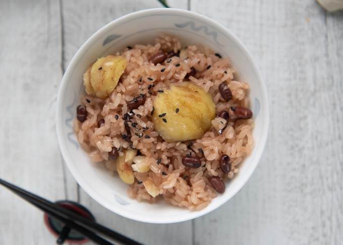 Top-down photo of Red Bean Rice with Chestnuts in a rice bowl.