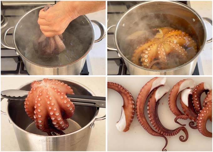 Step-by-step photo of how to boil octopus for Octopus Carpaccio..