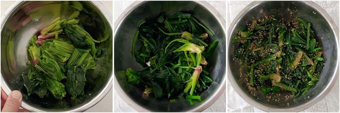 Step-by-step photo of making Spinach Goma-ae.