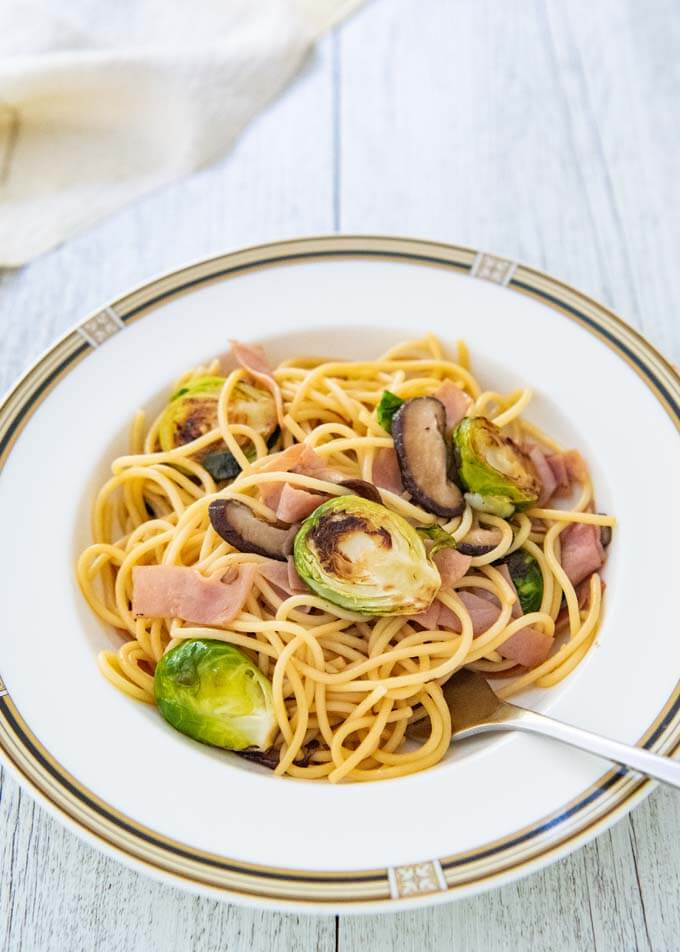 Hero shot of Brussels sprouts, Shiitake, and Ham Pasta.