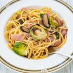Hero shot of Brussels sprouts, Shiitake, and Ham Pasta.
