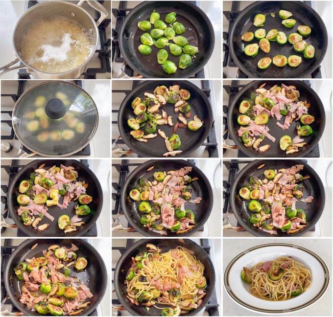 Step-by-step photo of making Brussels sprouts, Shiitake, and Ham Pasta..