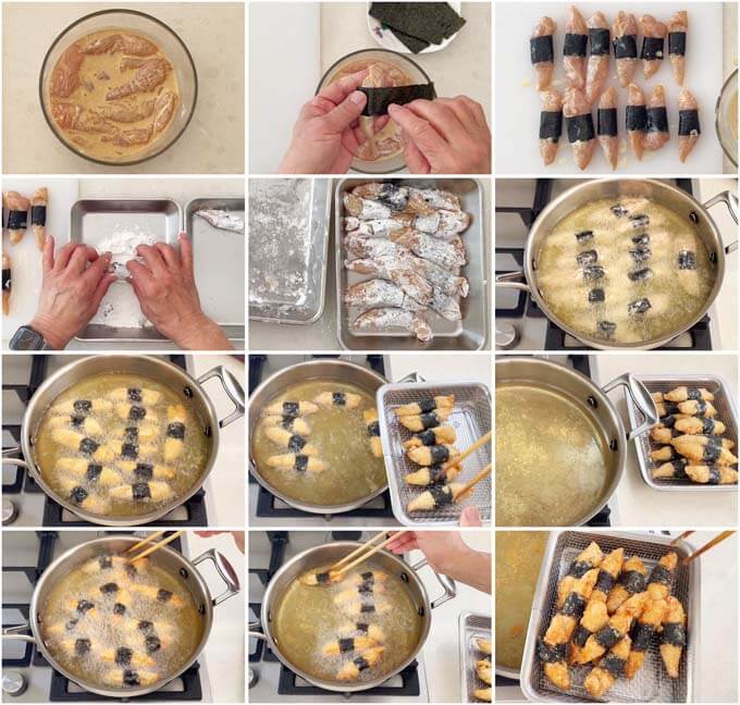Step-by-step of making Fried Chicken Tenders Wrapped in Nori (Chicken Isobe-age).