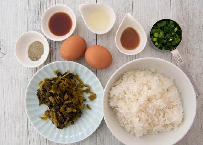 Ingredients for Fried Rice with Pickled Mustard Greens (Takana Chāhan).