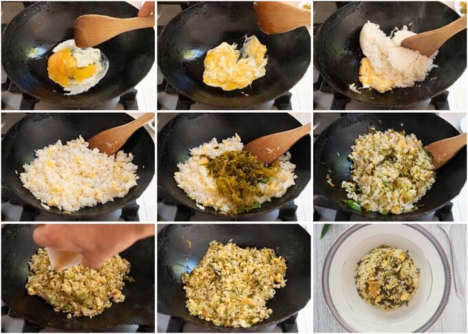 Step-by-step phto of making Fried Rice with Pickled Mustard Greens (Takana Chāhan).