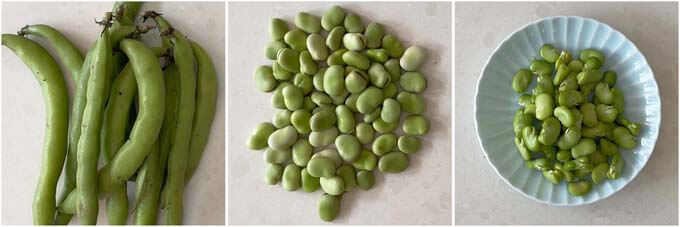 Broad beans in pod, in soft skin, and peeled braod beans.