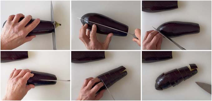 Step-by-step photo of cutting large eggplant.