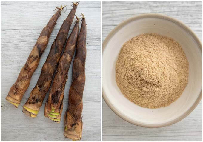 Ingredients for Preparing Fresh Bamboo shoots using rice bran.