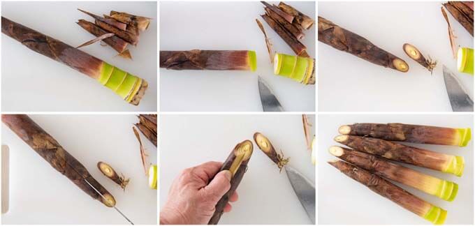 Step-by-step photo of preparing the bamboo shoots before boiling.