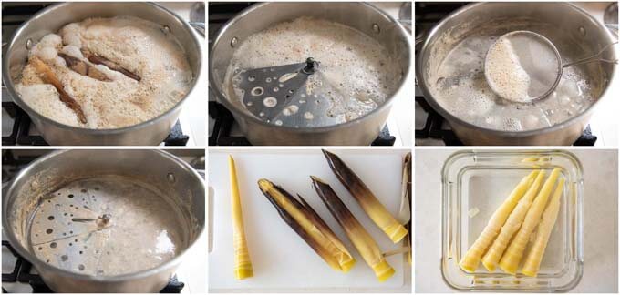 Step-by-step photo of boiling bamboo shoots with rice bran.