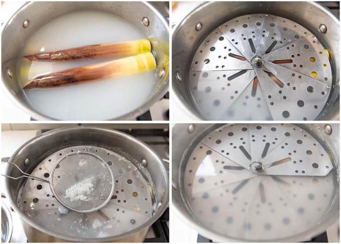 Step-by-step photo of boiling bamboo shotts using white liquid from washing rice.