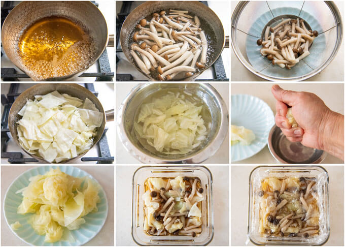 Step-by-step photo of making Cabbage and Shimeji Ohitashi Salad.