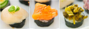 Three Sushi Canapés - Scallop, Salmon, and Takanazuke toppings.