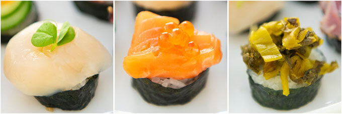 Three Sushi Canapés - Scallop, Salmon, and Takanazuke toppings.